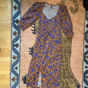 Zara Brown and Blue Cotton Floral Midi Dress